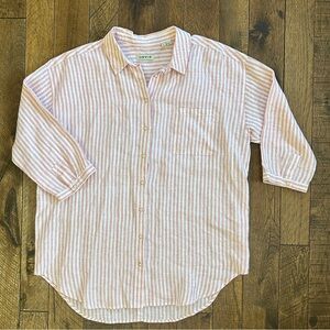 Orvis 100% Linen Pink White Striped Button Down Shirt Tunic Size L